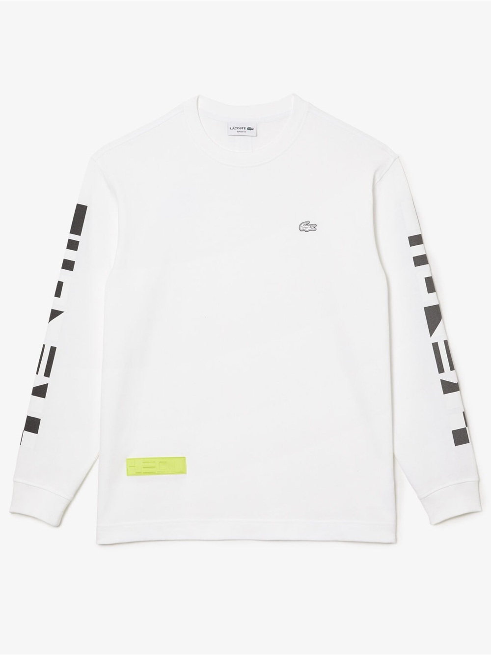 Lacoste White Long Sleeve Graphic Tee with Black Sleeve Accents
